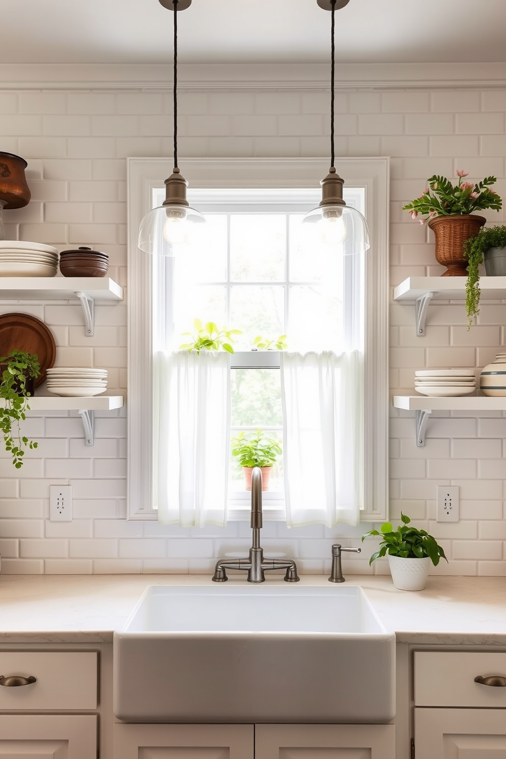 A bright and airy kitchen featuring classic white subway tiles that add timeless appeal. The tiles create a clean backdrop for open shelving filled with rustic dishware and vibrant plants. Above the countertop, pendant lights hang elegantly, illuminating the space with a warm glow. A farmhouse sink sits below a window, framed by sheer curtains that allow natural light to filter in.