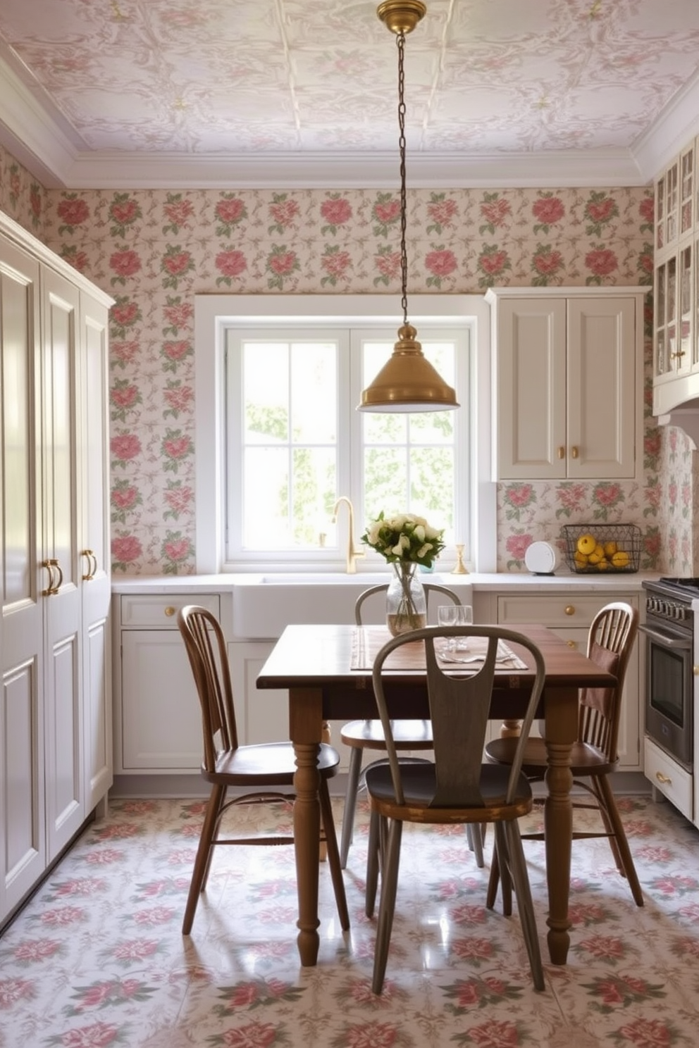 A charming kitchen adorned with vintage floral tiles that evoke a sense of nostalgia. The tiles feature intricate patterns in soft pastel colors, creating a warm and inviting atmosphere. The walls are complemented by white cabinetry and brass hardware, enhancing the vintage feel. A rustic wooden dining table sits in the center, surrounded by mismatched chairs that add character to the space.