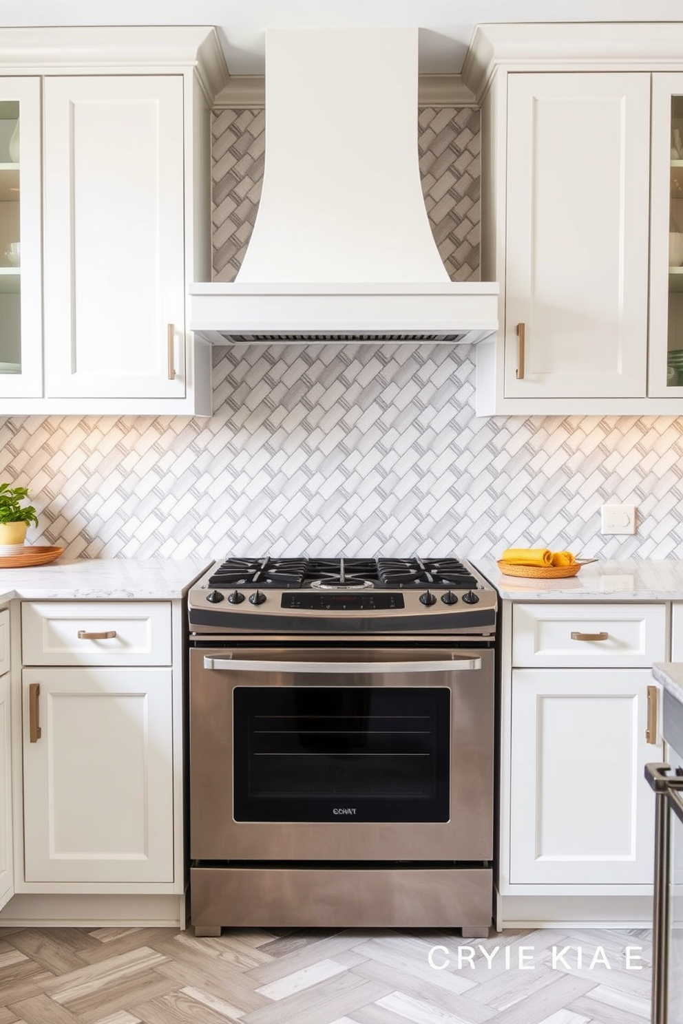 A cozy kitchen space featuring wood-look tiles that create a warm and inviting atmosphere. The walls are adorned with stylish patterned tiles that complement the earthy tones of the wood-like flooring.