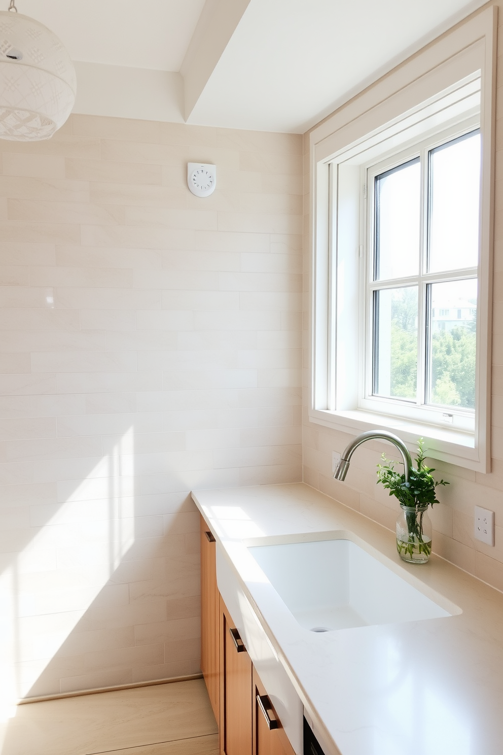 A serene kitchen space featuring wall tiles in soft neutral tones. The tiles are arranged in a subtle pattern that enhances the calming atmosphere of the room. Natural light floods the area from a large window above the sink, illuminating the elegant tile design. The countertops are a light stone, complementing the gentle hues of the wall tiles beautifully.