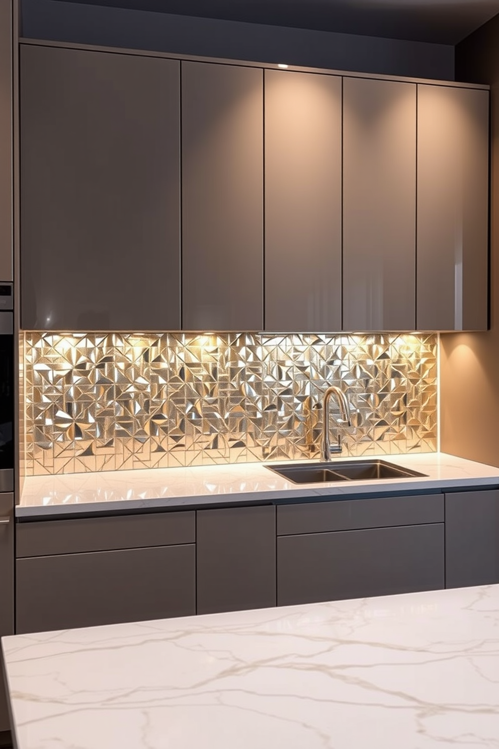 A contemporary kitchen featuring metallic tiles that reflect light and add a modern twist to the space. The backsplash is adorned with geometric patterns in varying shades of silver and gold, creating a stunning focal point behind the stove. The cabinetry is sleek and minimalist, complementing the shiny tiles with a glossy finish. Open shelving displays elegant dishware, while under-cabinet lighting enhances the reflective surfaces of the metallic tiles.