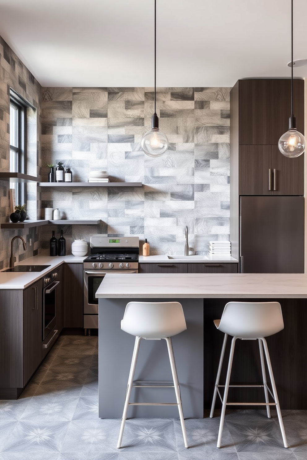 A contemporary kitchen featuring cement tiles that exude an industrial vibe. The walls are adorned with a mix of textured cement tiles in varying shades of gray, creating a striking backdrop for open shelving and modern appliances. The kitchen island is topped with a sleek quartz countertop, complemented by minimalist bar stools. Ambient lighting fixtures hang above, casting a warm glow over the space and highlighting the unique tile patterns.