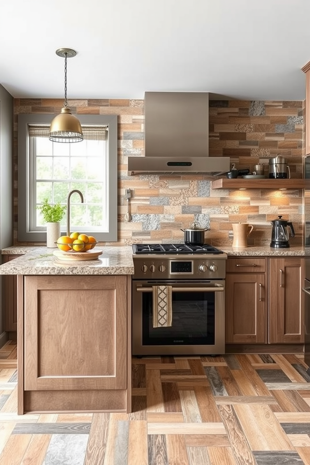 A contemporary kitchen featuring large format tiles that create a seamless and modern aesthetic. The walls are adorned with sleek, glossy tiles in a neutral color palette, complemented by minimalist cabinetry and stainless steel appliances. The backsplash showcases a striking geometric pattern that adds visual interest while maintaining a cohesive look. Soft under-cabinet lighting highlights the textures of the tiles, creating a warm and inviting atmosphere.