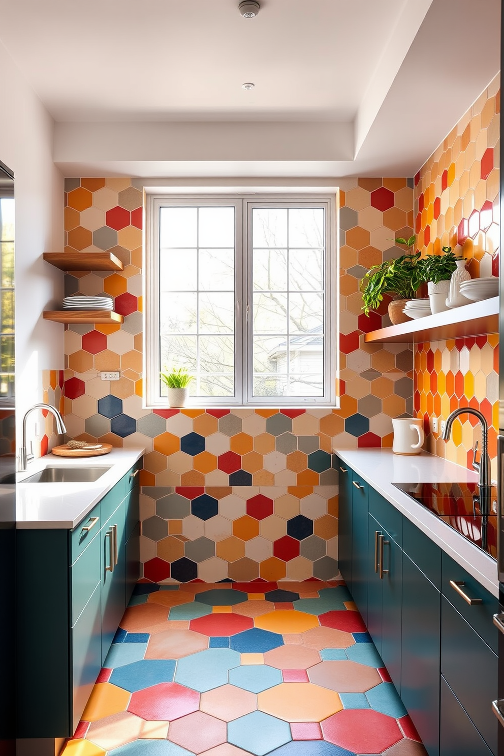 A modern kitchen featuring hexagonal tiles in a vibrant color palette that adds a playful touch to the space. The tiles are arranged in an eye-catching pattern that creates visual interest on the walls, complementing sleek cabinetry and stylish fixtures. The overall design incorporates open shelving displaying decorative dishes and plants, enhancing the trendy aesthetic. A large window allows natural light to flood the room, highlighting the unique shapes and textures of the hexagonal tiles.