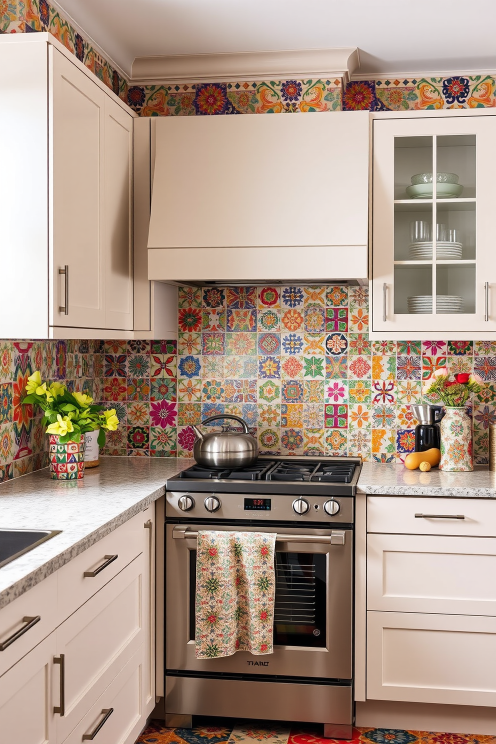 A kitchen featuring bold patterned tiles that create vibrant accents throughout the space. The tiles showcase intricate designs in bright colors, adding a lively touch to the overall kitchen aesthetic. The backsplash is adorned with a mix of geometric and floral patterns that draw the eye and enhance the room's personality. Complementing the tiles, sleek cabinetry in a neutral tone provides balance and sophistication to the design.