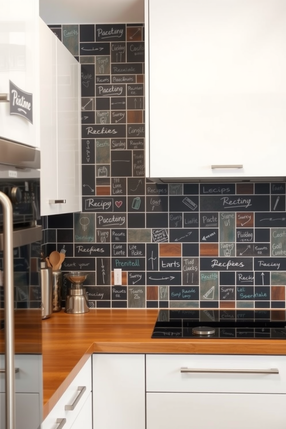 A modern kitchen featuring chalkboard tiles on the walls, providing an interactive surface for notes and recipes. The tiles are complemented by sleek white cabinetry and stainless steel appliances, creating a stylish and functional cooking space. The backsplash showcases a creative arrangement of colorful chalkboard tiles, encouraging artistic expression. Underneath, a warm wooden countertop adds a touch of natural elegance, enhancing the overall aesthetic of the kitchen.