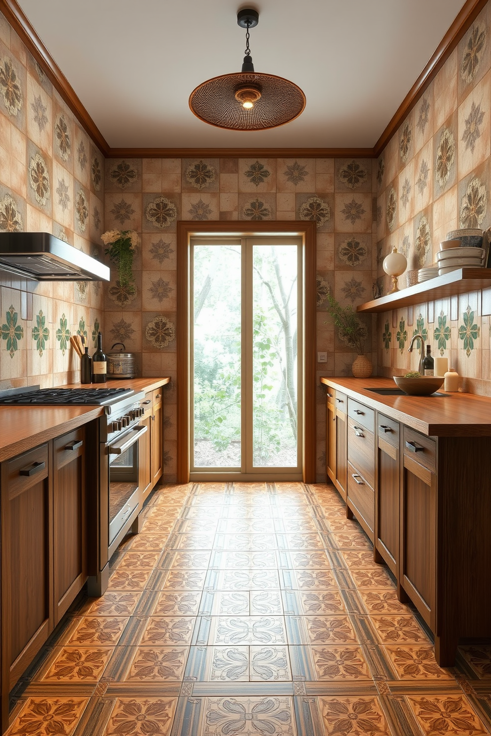 A serene kitchen space featuring bamboo tiles that enhance the natural aesthetics of the room. The walls are adorned with intricate tile designs that complement the earthy tones of the cabinetry and countertops.