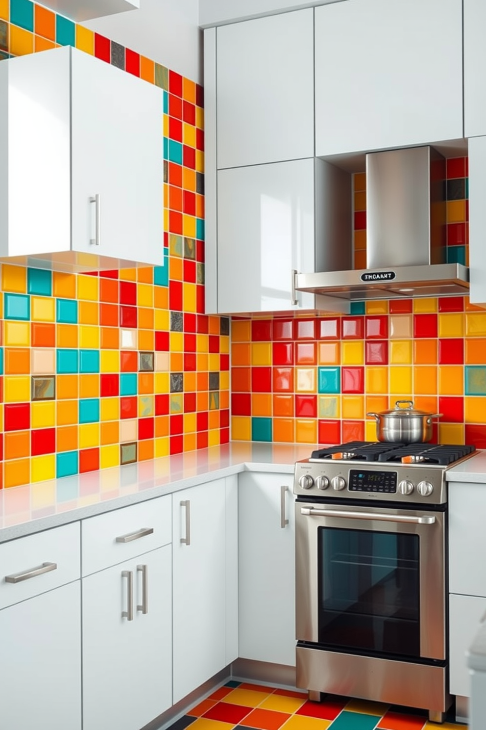 Bright colored tiles create a vibrant and energetic atmosphere in the kitchen. The walls are adorned with a mix of bold hues, including turquoise, sunny yellow, and fiery red, forming an eye-catching mosaic effect. The tiles are arranged in a playful pattern, enhancing the overall aesthetic of the space. Sleek white cabinetry and stainless steel appliances complement the lively colors, creating a harmonious balance in the kitchen design.