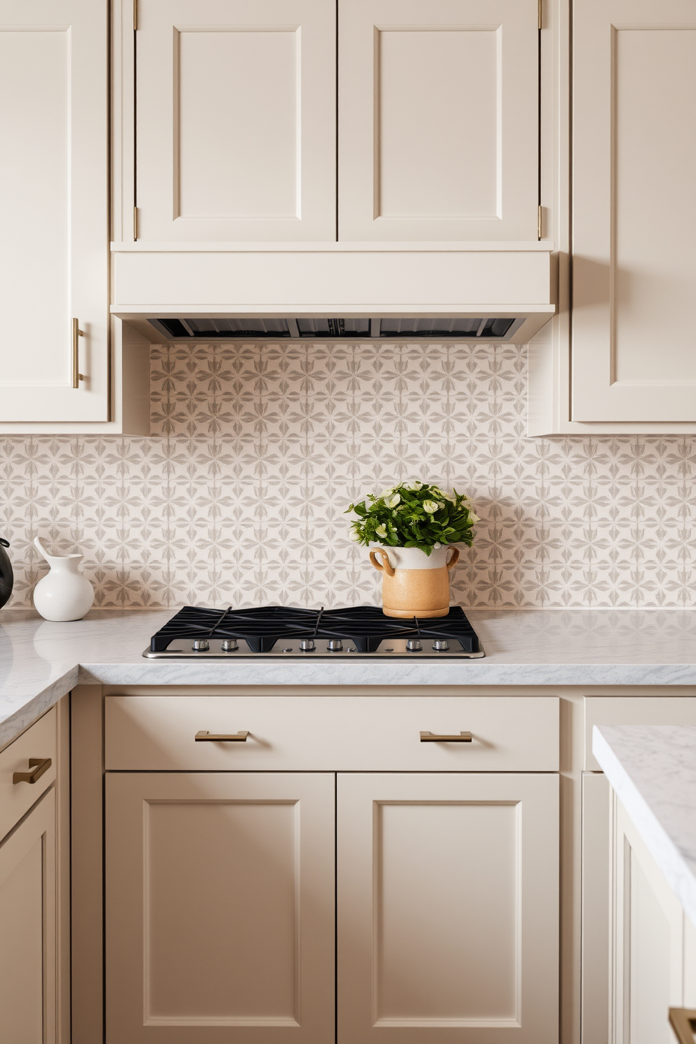 A stunning kitchen design featuring black and white tiles that create an elegant contrast. The walls are adorned with glossy white subway tiles paired with intricate black patterned accents. A spacious island takes center stage, topped with a sleek black countertop. Pendant lights hang above, casting a warm glow over the space, enhancing the modern aesthetic.