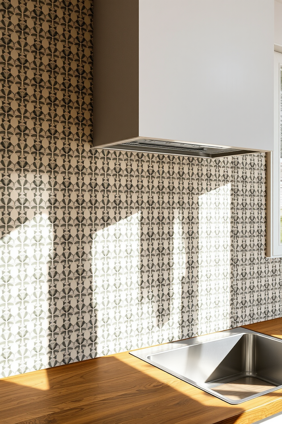 A stunning kitchen wall featuring lattice design tiles that create intricate detailing. The tiles are arranged in a harmonious pattern, combining soft pastel colors to enhance the overall aesthetic of the space. The backsplash showcases a unique blend of geometric shapes and textures, adding depth and character to the kitchen. Natural light streams in, highlighting the beautiful craftsmanship of the tiled wall.