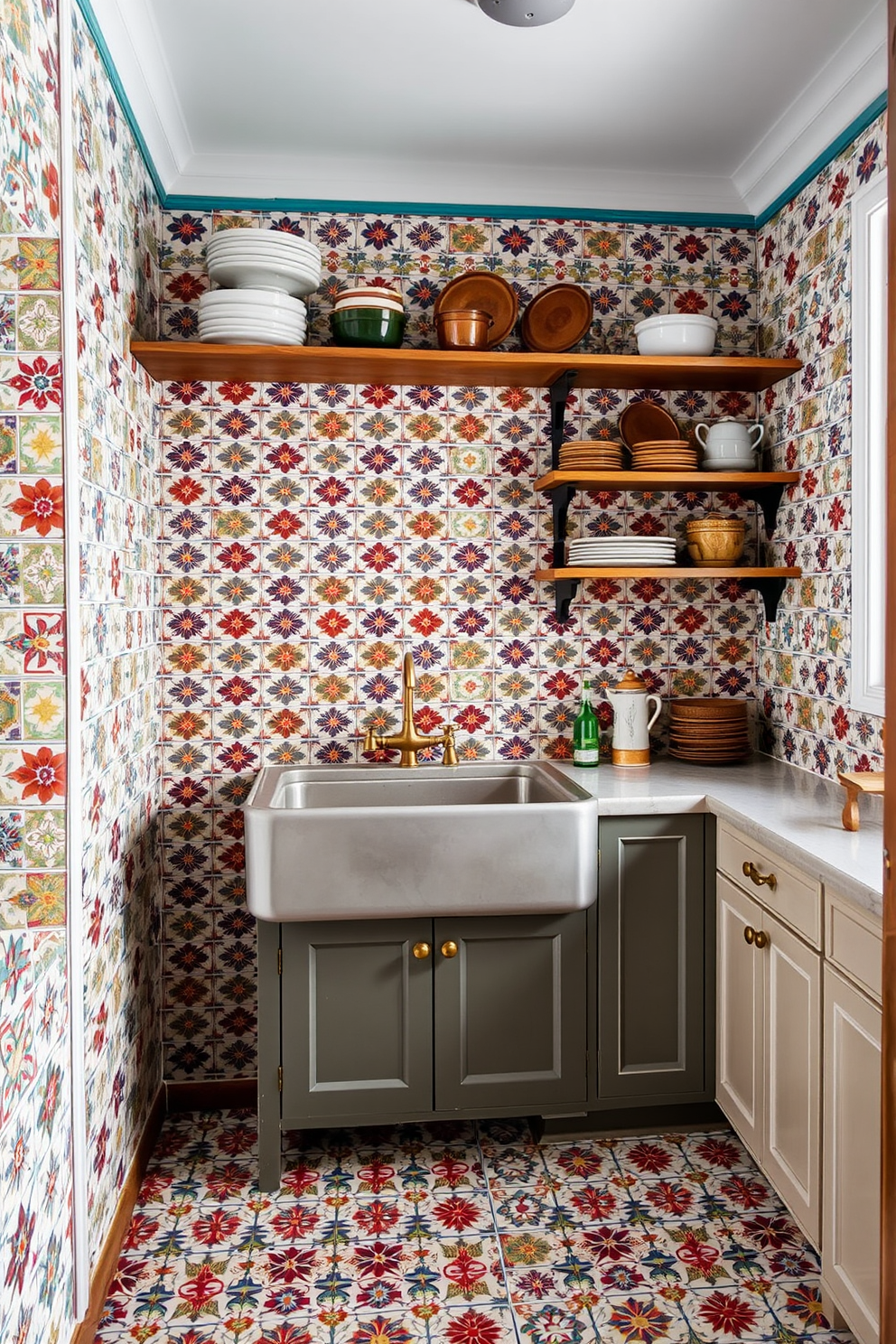 A vintage kitchen adorned with retro tiles in vibrant colors creates a nostalgic atmosphere. The walls are covered with intricate patterned tiles that evoke a sense of charm and warmth. The kitchen features a classic farmhouse sink paired with brass fixtures that complement the tile design. Open shelving displays rustic dishware, adding to the inviting and timeless feel of the space.