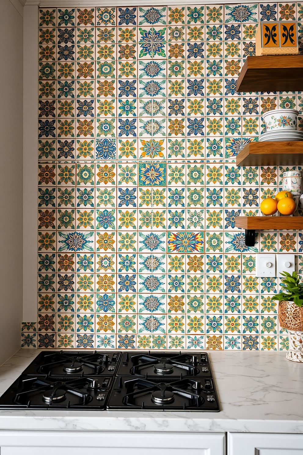 A stunning kitchen wall adorned with hand-painted tiles showcasing intricate patterns and vibrant colors. The tiles create an artisanal touch that enhances the overall aesthetic of the space, making it both inviting and unique.