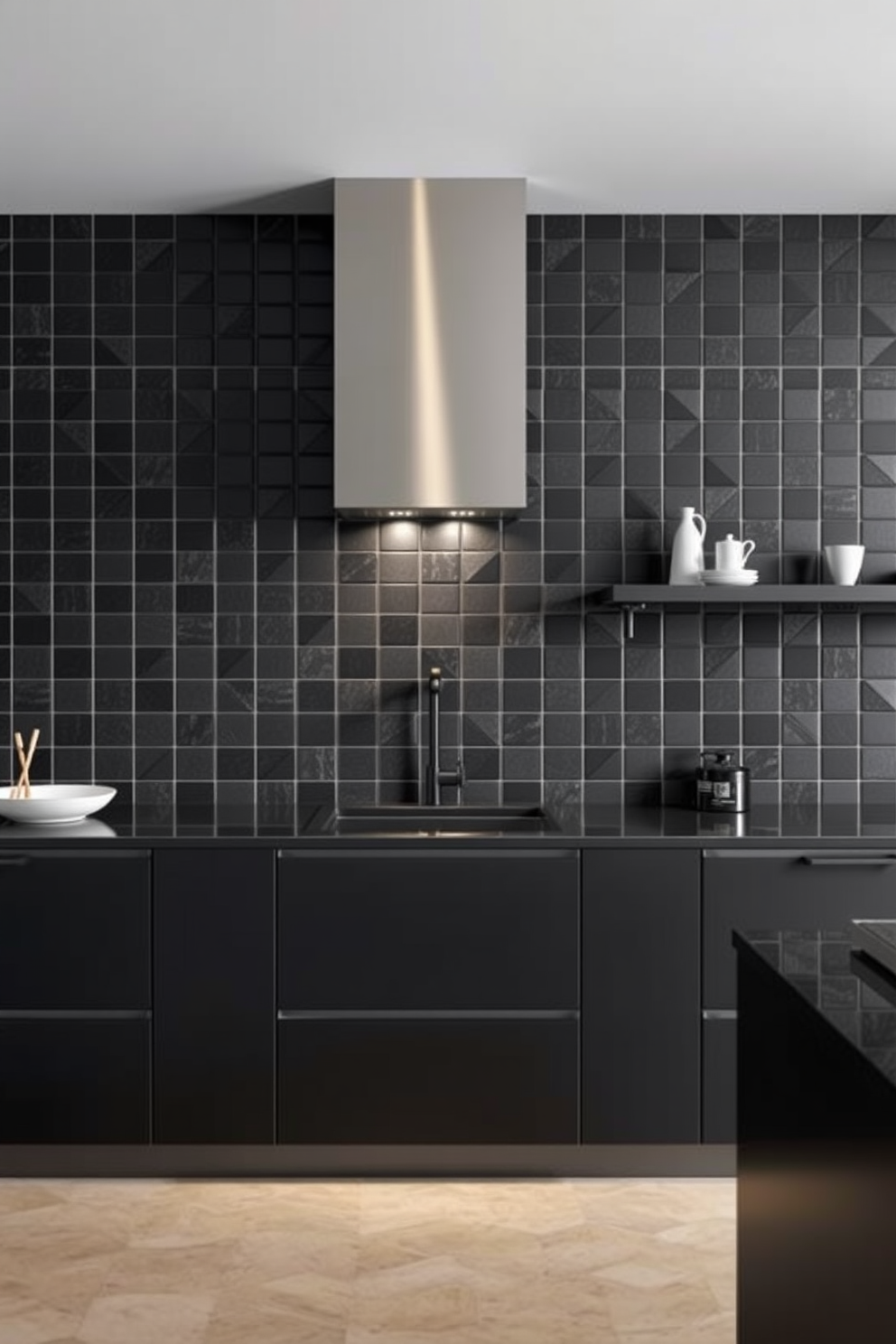 A sleek kitchen space adorned with matte black tiles that create a modern and elegant atmosphere. The walls are accented with geometric patterns in varying shades of black and gray, enhancing the contemporary feel of the design.