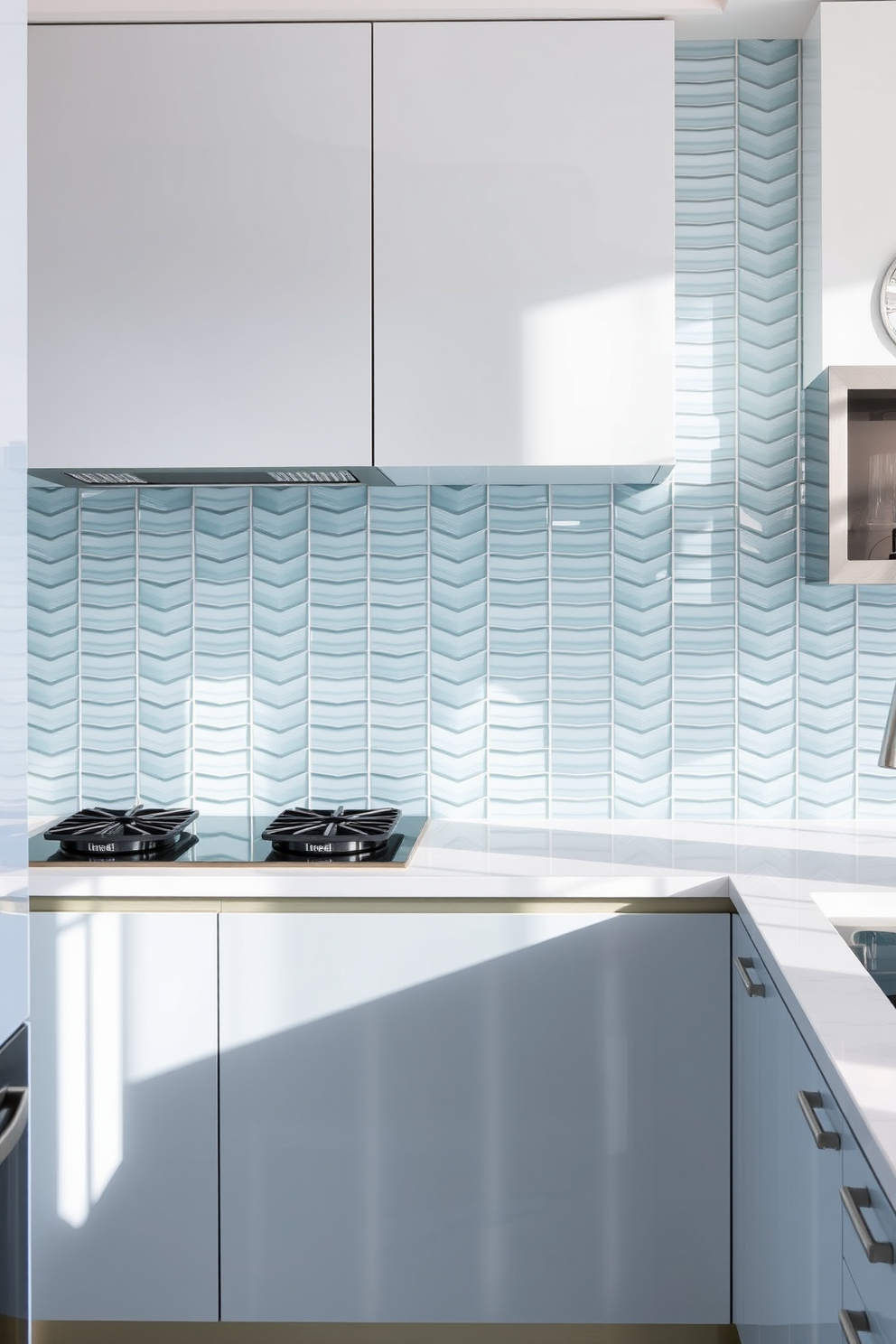 A modern kitchen featuring translucent wall tiles that create a layered effect. The tiles are arranged in a herringbone pattern, reflecting light beautifully and enhancing the overall ambiance of the space. The color palette includes soft blues and whites, complementing the sleek cabinetry. A stylish backsplash made of the same translucent tiles adds a cohesive look to the kitchen design.