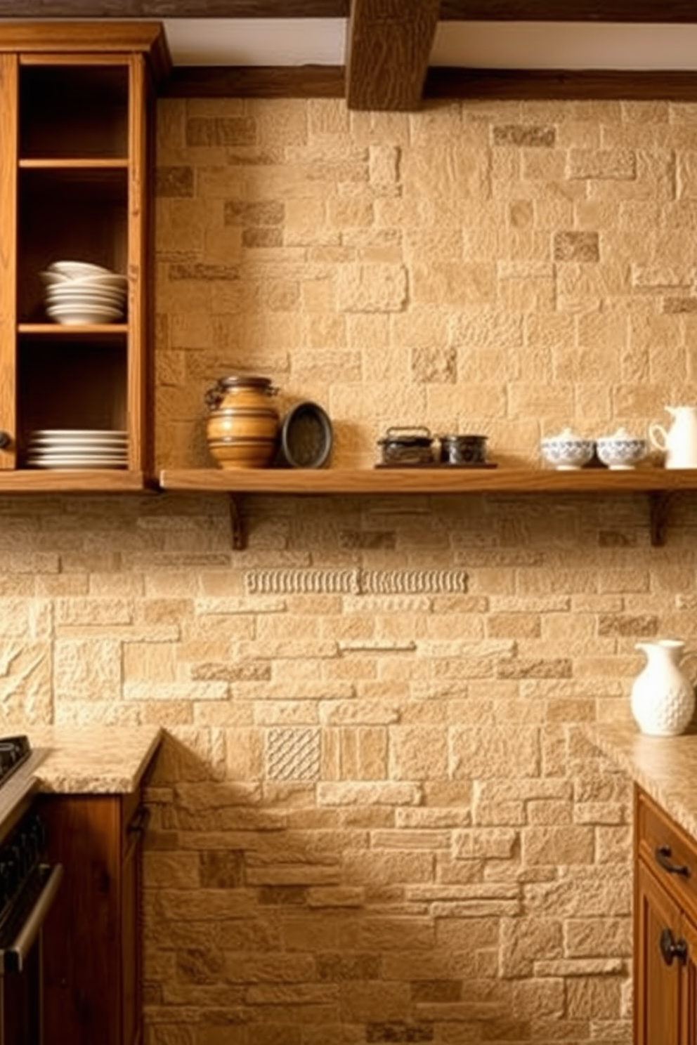 A cozy kitchen featuring natural stone tiles that add rustic charm. The walls are adorned with patterned tiles in earthy tones, complementing the wooden cabinetry. The countertops are made of reclaimed wood, enhancing the warm and inviting atmosphere. A farmhouse sink sits beneath a window, allowing natural light to brighten the space.