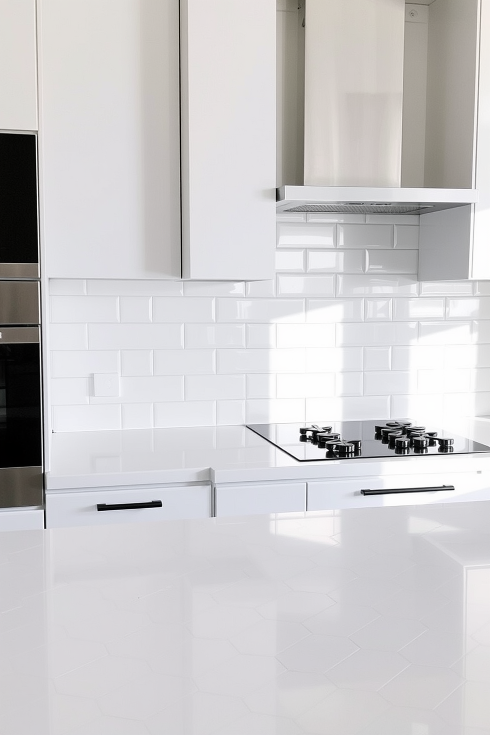 A modern kitchen space featuring glossy ceramic tiles that reflect light beautifully. The tiles are arranged in a herringbone pattern, creating an elegant and dynamic visual effect. The color palette consists of soft whites and subtle grays, enhancing the sleek finish of the room. A minimalist backsplash complements the countertops, providing a seamless transition between the cooking area and the walls.