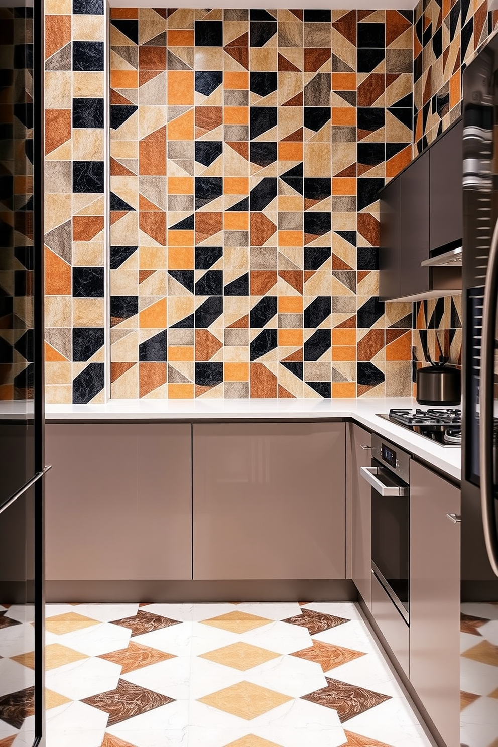 A modern kitchen featuring glossy black tiles that create a sleek and sophisticated look. The tiles reflect light beautifully, enhancing the overall ambiance of the space. The kitchen boasts minimalist cabinetry in a contrasting white finish, complementing the glossy black tiles. Stainless steel appliances add a touch of elegance and functionality to the design.