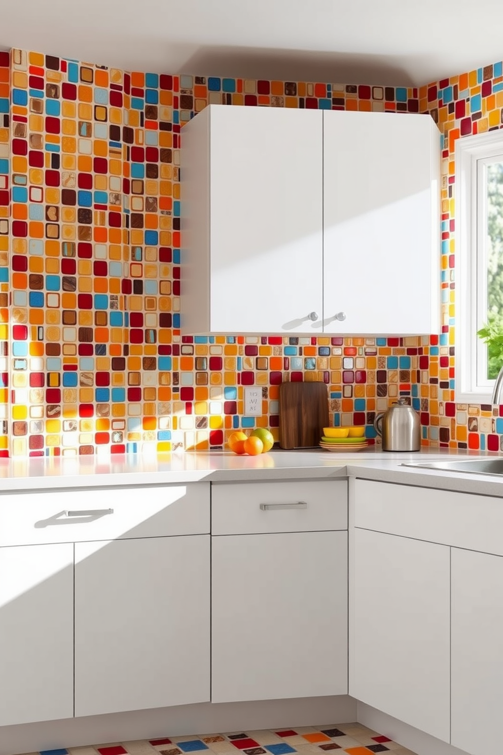 A vibrant kitchen filled with personality. The walls are adorned with colorful mosaic tiles in various shapes and sizes, creating a playful and inviting atmosphere. The backsplash features a mix of bright reds, blues, and yellows that complement the sleek white cabinetry. Natural light floods the space, highlighting the unique patterns and textures of the tiles.