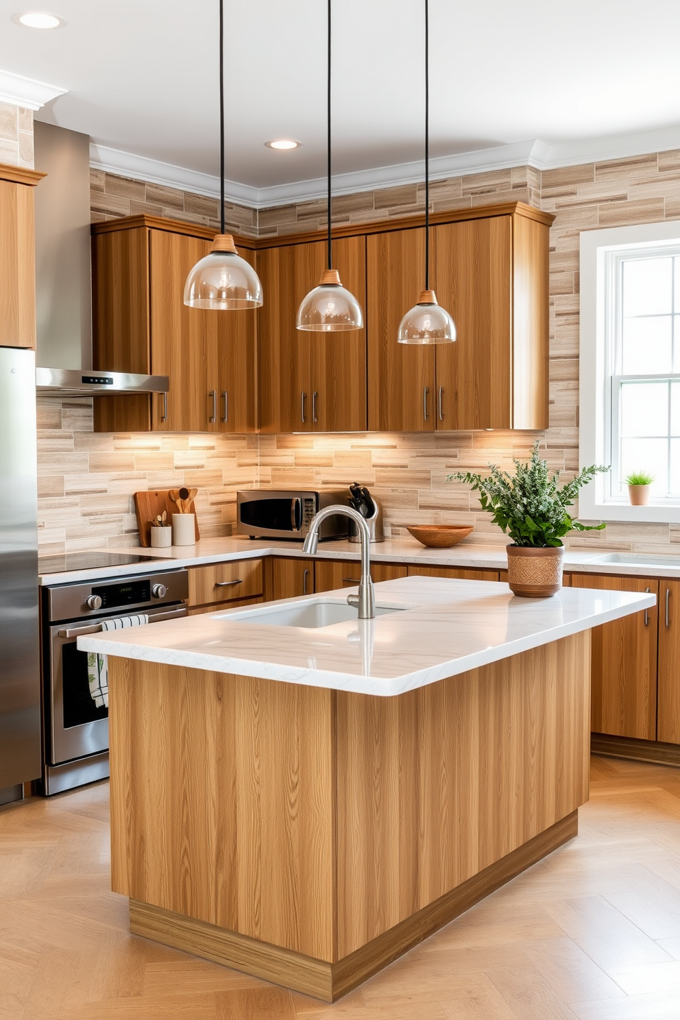 A cozy kitchen featuring wood-look tiles that create a warm and inviting ambiance. The walls are adorned with stylish ceramic tiles in soft earth tones, complementing the natural wood cabinetry. The kitchen island is topped with a sleek quartz countertop, providing a perfect contrast to the rustic elements. Pendant lights hang above the island, casting a warm glow over the space.