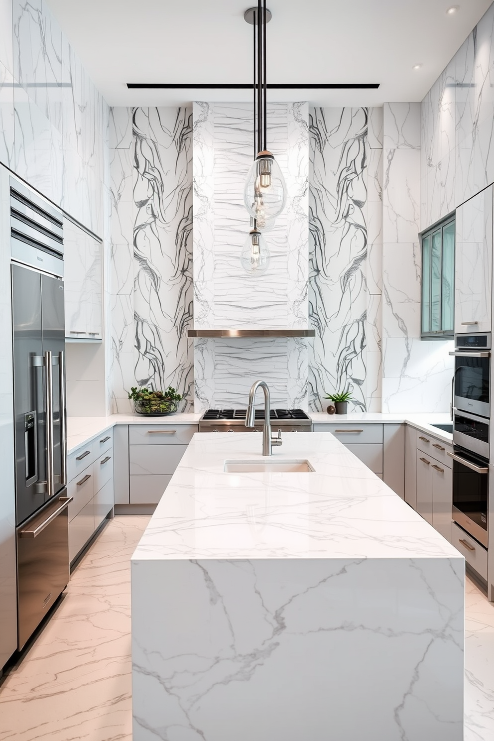 A contemporary kitchen setting featuring glass tiles that reflect light beautifully. The backsplash is adorned with a mosaic of various shades of blue and green glass tiles, creating a vibrant focal point. The countertops are sleek and white, complementing the glossy finish of the cabinets. A modern island with bar stools provides a casual dining space, enhancing the functionality of the kitchen.