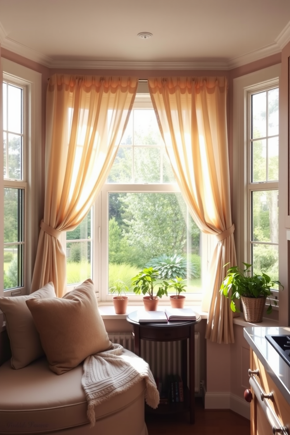 A large bay window fills the room with natural light, creating a warm and inviting atmosphere. The cozy seating area features plush cushions and a soft throw blanket, perfect for relaxing with a book. The window is adorned with elegant sheer curtains that gently filter the sunlight. Below the window, a small wooden table holds potted plants, adding a touch of greenery to the kitchen space.