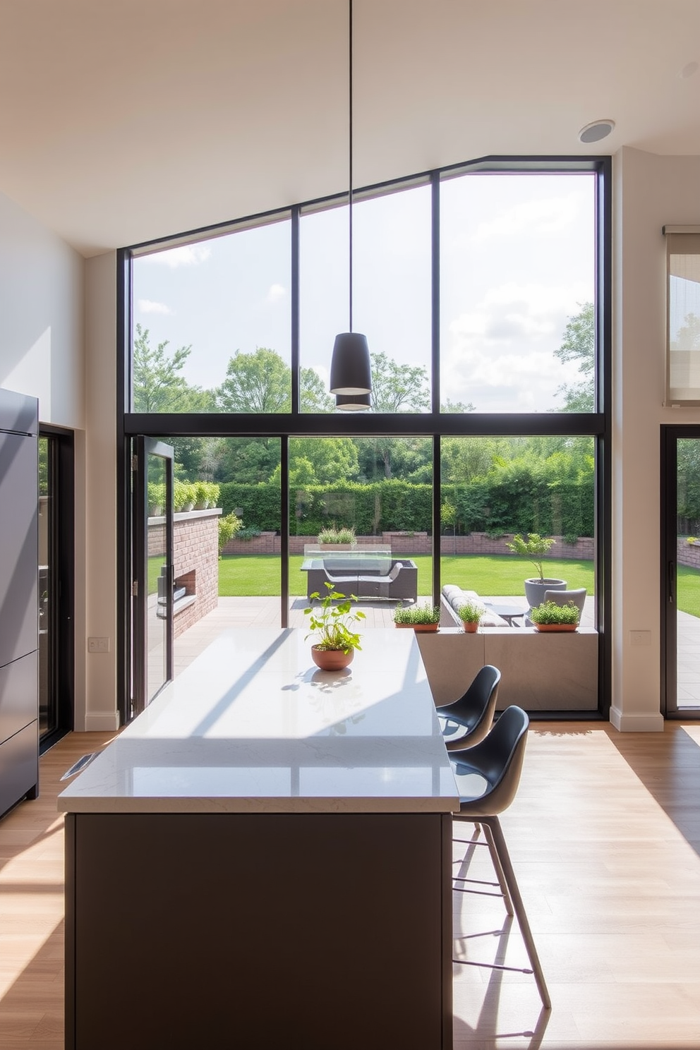 A contemporary kitchen featuring large sliding windows that open up to a beautiful outdoor patio. The windows are framed in sleek black metal, allowing natural light to flood the space and create a seamless connection between indoor and outdoor living. The kitchen design includes a spacious island with a polished quartz countertop and stylish bar stools. Soft-close cabinetry in a matte finish complements the overall aesthetic, while potted herbs on the windowsill add a touch of greenery and freshness.