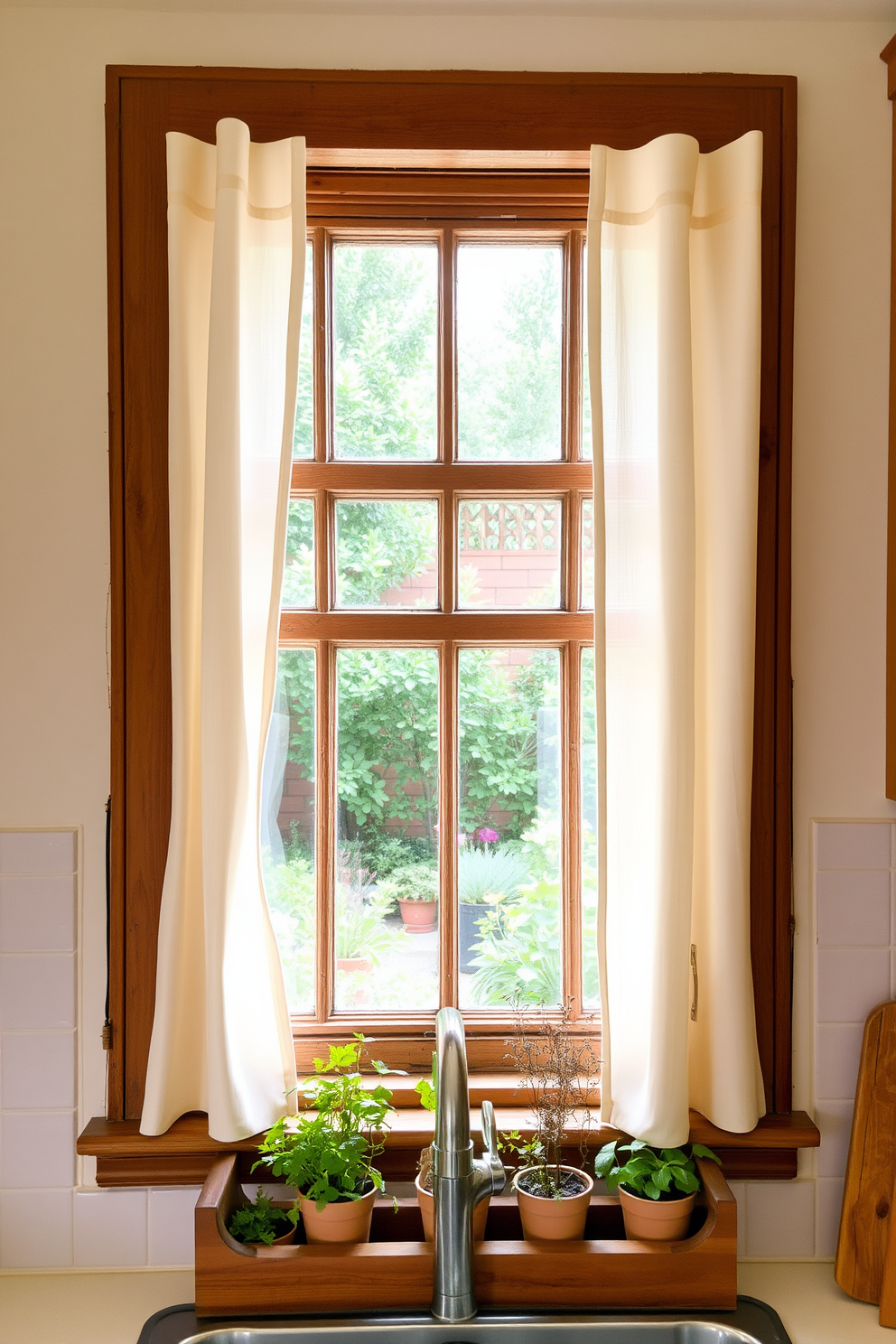 A charming kitchen window design featuring a lattice structure that enhances the rustic ambiance. The window is framed with distressed wood and adorned with soft, sheer curtains that allow natural light to filter through. The view outside reveals a quaint garden filled with greenery, complementing the warm tones of the kitchen decor. Below the window, a wooden windowsill displays potted herbs, adding both beauty and functionality to the space.