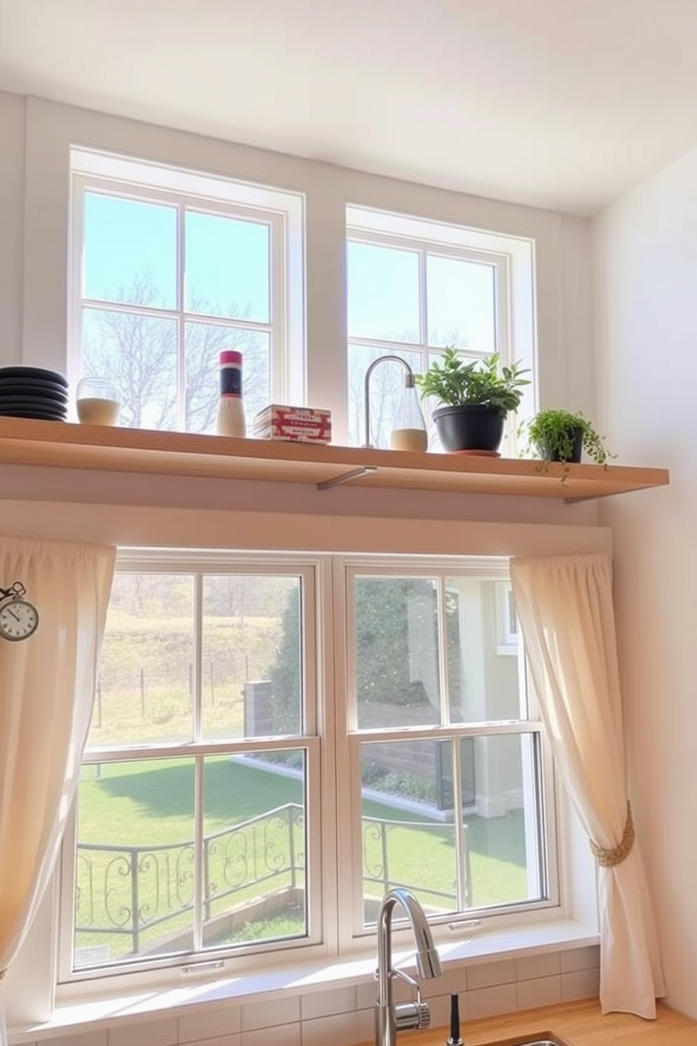 A classic farmhouse kitchen features large wooden shutters painted in a soft white hue. The shutters are adorned with wrought iron hardware, and they open to reveal a picturesque view of the surrounding countryside. The window is framed by sheer linen curtains that allow natural light to filter in gently. Below the window, a rustic wooden ledge is decorated with potted herbs and a vintage pitcher, enhancing the charming farmhouse aesthetic.