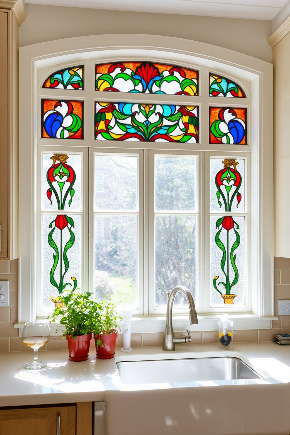 A bright and airy kitchen featuring a large window adorned with stunning stained glass accents that cast colorful light across the room. The window is framed with white wood, complementing the light oak cabinetry and creating a warm and inviting atmosphere. Sunlight filters through the intricate designs of the stained glass, illuminating the countertops and enhancing the vibrant hues of the decor. Potted herbs sit on the windowsill, adding a touch of greenery and a fresh aroma to the cooking space.