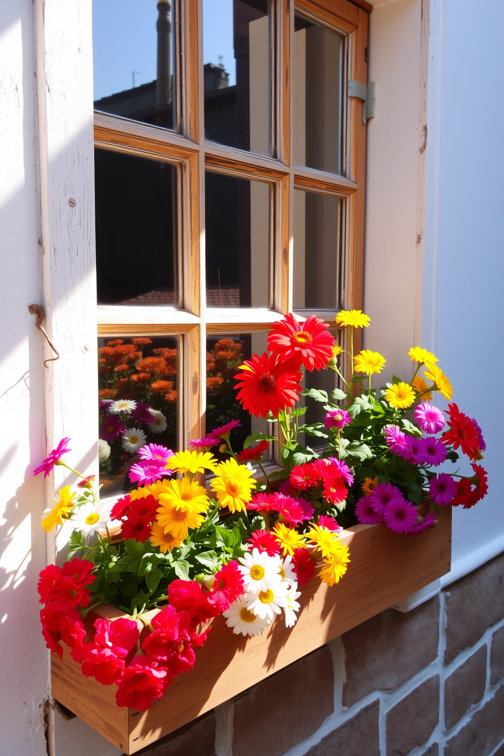 A charming kitchen window adorned with rustic wooden window boxes overflowing with vibrant fresh flowers. The sunlight streams through the window, illuminating the colorful blooms and creating a warm and inviting atmosphere.