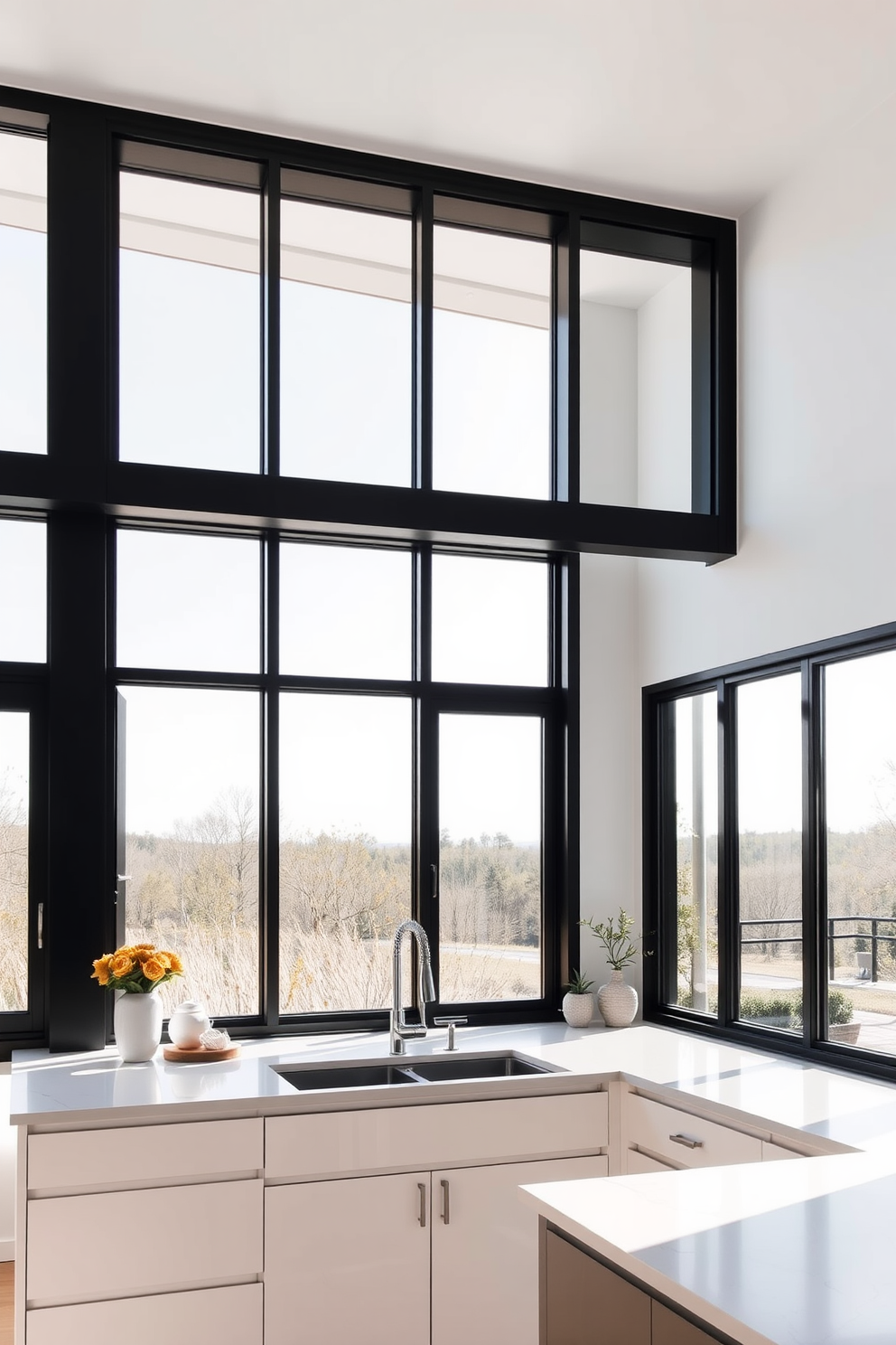 A minimalist kitchen features large black framed windows that allow natural light to flood the space. The sleek design emphasizes clean lines, creating a modern and airy atmosphere. The windows are strategically placed above the sink and cooking area, providing stunning views of the outdoors. The black frames contrast beautifully with the light-colored cabinetry and countertops, enhancing the overall aesthetic.