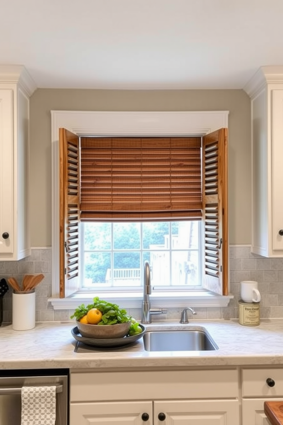 A cozy farmhouse kitchen featuring wooden shutters that add warmth and charm. The window is framed by the rustic shutters, allowing natural light to filter through while providing a touch of country elegance.