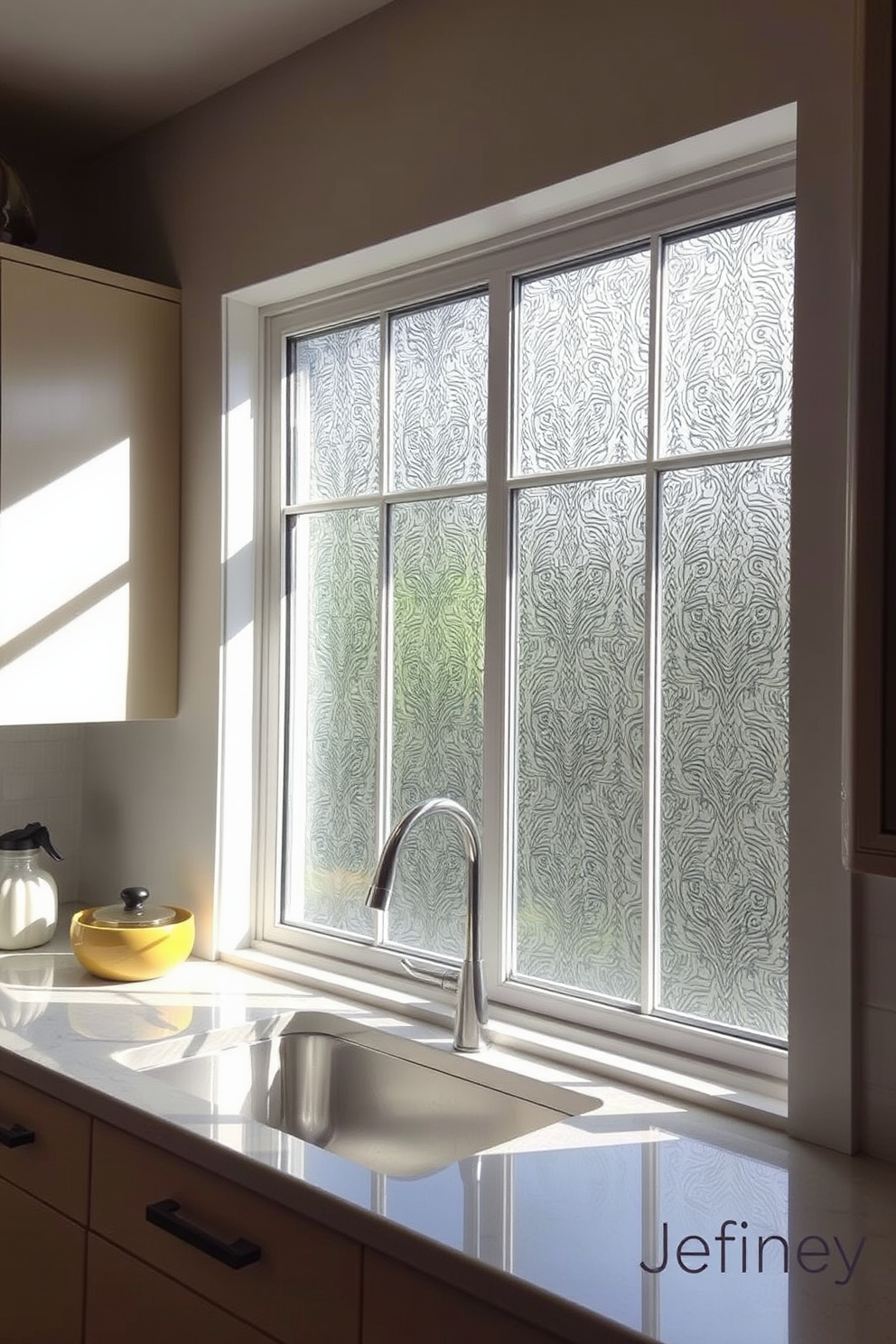 A spacious kitchen featuring mirrored accents that reflect natural light throughout the space. The large window above the sink is framed with elegant sheer curtains, allowing sunlight to filter in softly. The kitchen island is adorned with a mirrored backsplash that complements the sleek cabinetry. Under-cabinet lighting enhances the reflective surfaces, creating a bright and inviting atmosphere.