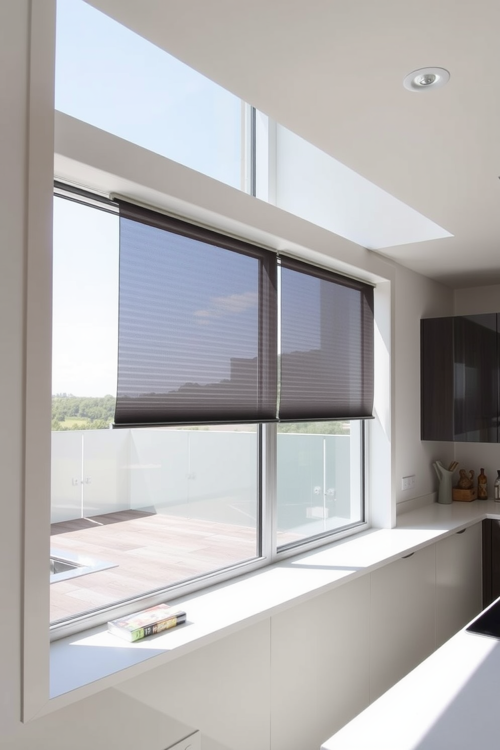 A modern kitchen featuring retractable screens that allow fresh air to flow in while keeping insects out. The screens are seamlessly integrated into the window frame, enhancing both functionality and aesthetics. Brightly lit with natural light, the kitchen boasts a large window with a sleek design that opens up to a picturesque outdoor view. The window is adorned with minimalistic blinds that complement the overall contemporary style of the space.