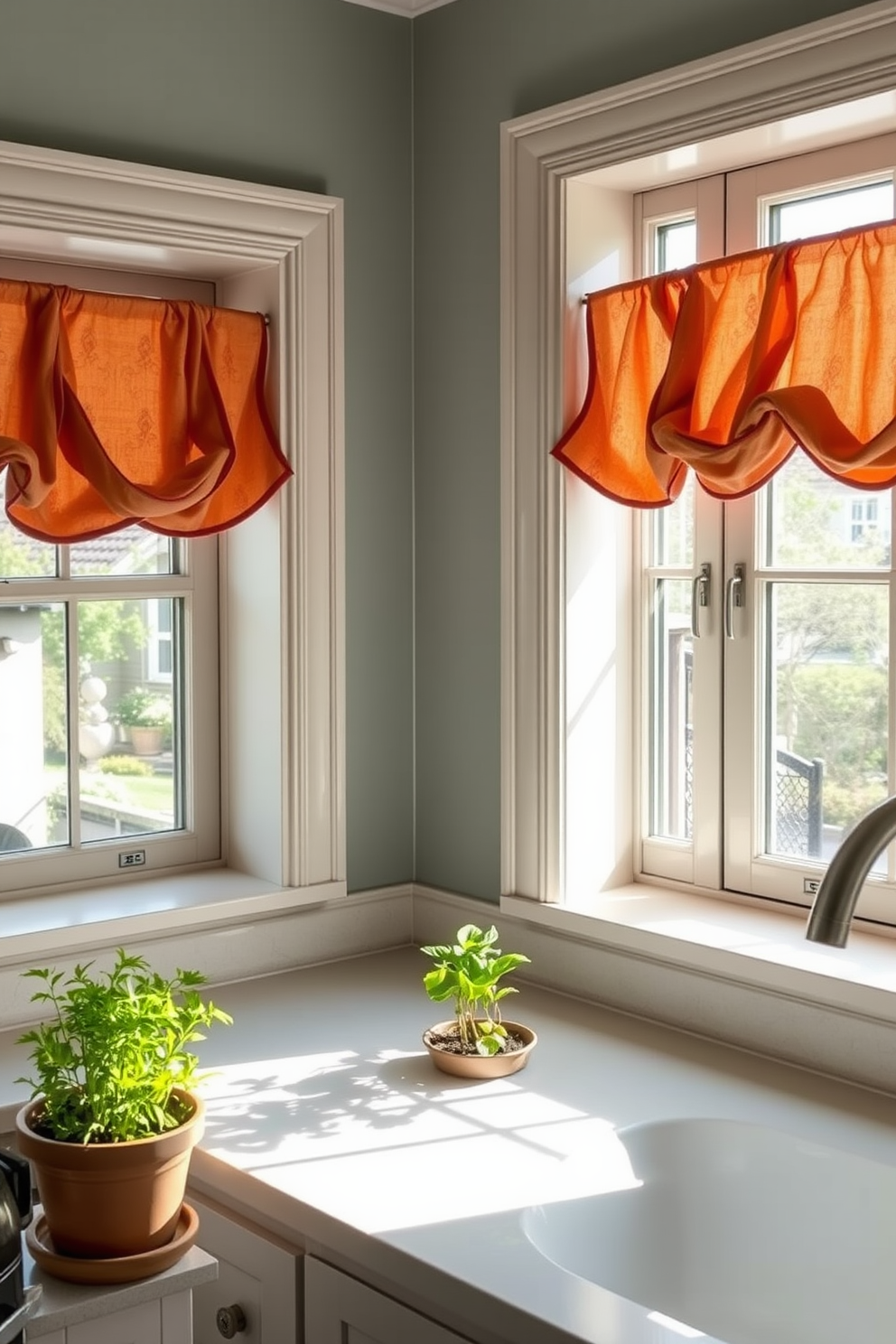 A cozy kitchen setting featuring painted window frames that complement the overall decor. The window frames are adorned with elegant curtains that enhance the warmth of the space. Natural light floods the room, highlighting the sleek countertops and modern appliances. A small herb garden sits on the windowsill, adding a touch of greenery and freshness to the kitchen atmosphere.