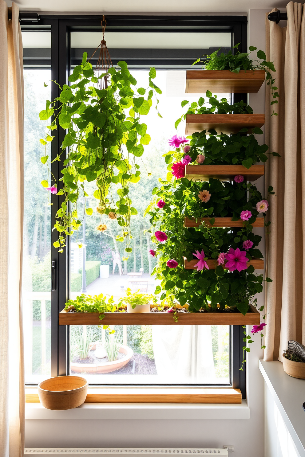 A vertical garden thrives by the kitchen window, featuring lush greenery and vibrant flowers that bring life to the space. The garden is framed by sleek wooden shelves, complementing the natural elements and providing a stunning view from inside the kitchen. The window design showcases large panes that allow ample sunlight to illuminate the plants, creating a warm and inviting atmosphere. Soft curtains in a light fabric gently diffuse the sunlight, enhancing the serene ambiance of the kitchen area.