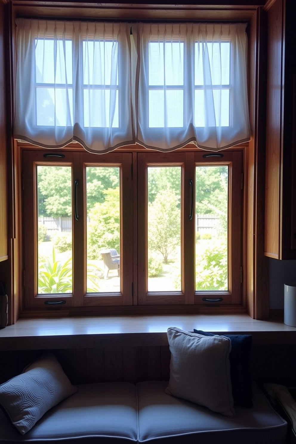 A warm and inviting kitchen window features wooden valances that add a cozy touch to the space. The window is framed by soft, sheer curtains that allow natural light to filter through while maintaining privacy.