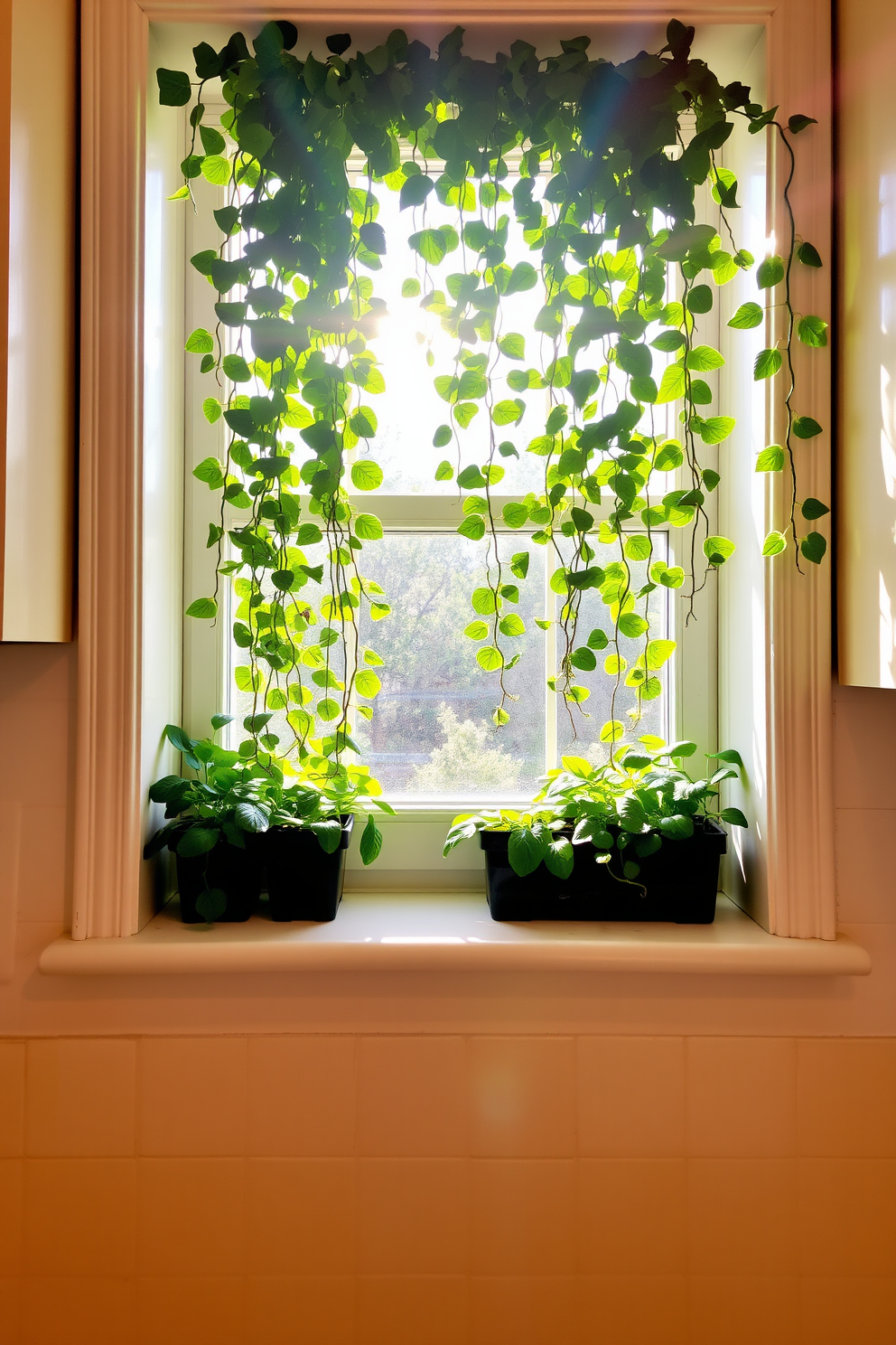 Hanging plants drape gracefully from the edges of a bright kitchen window, creating a lush and inviting atmosphere. The sunlight filters through the leaves, casting playful shadows on the countertop below. The window frame is painted in a crisp white, complementing the vibrant greens of the plants. A small herb garden sits on the sill, adding both beauty and functionality to the space.