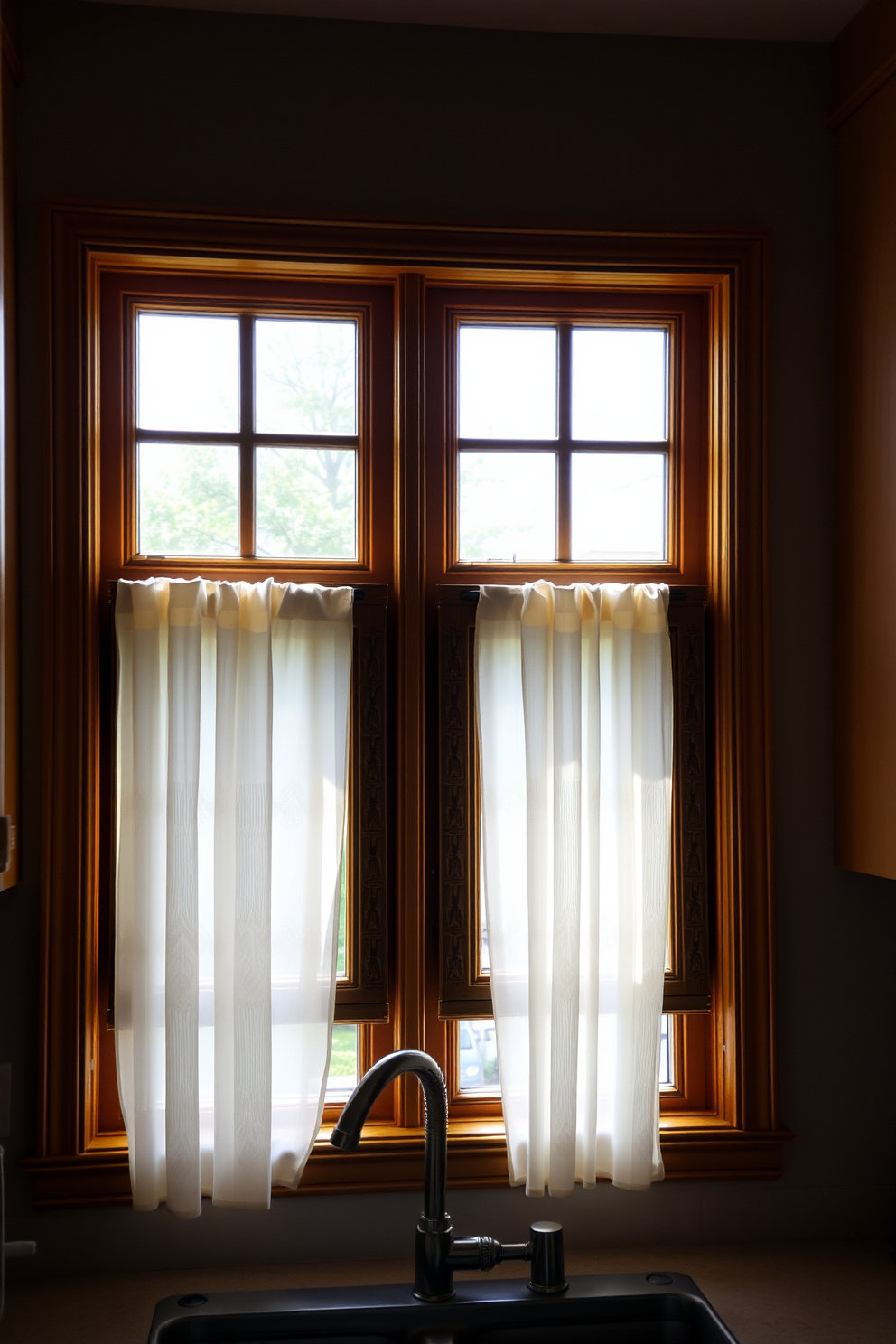 A cozy kitchen space with accent lighting elegantly outlining the window frames. The warm glow from the lights enhances the natural light streaming in, creating a welcoming atmosphere. The window features a classic wooden frame with intricate detailing, complementing the overall design. Soft sheer curtains drape gracefully, allowing for privacy while still letting in ample sunlight.