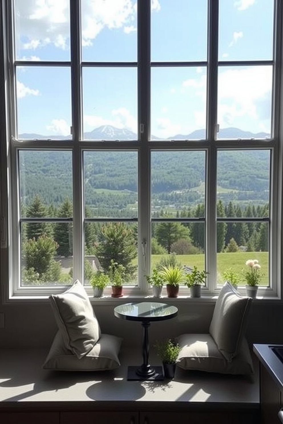 A modern kitchen window design featuring clear glass panels that allow for unobstructed views of the surrounding landscape. The window frames are sleek and minimalist, enhancing the natural light that floods the space. Inside, a cozy breakfast nook is positioned just below the window, adorned with plush seating and a small round table. Potted herbs line the windowsill, adding a touch of greenery and freshness to the kitchen atmosphere.