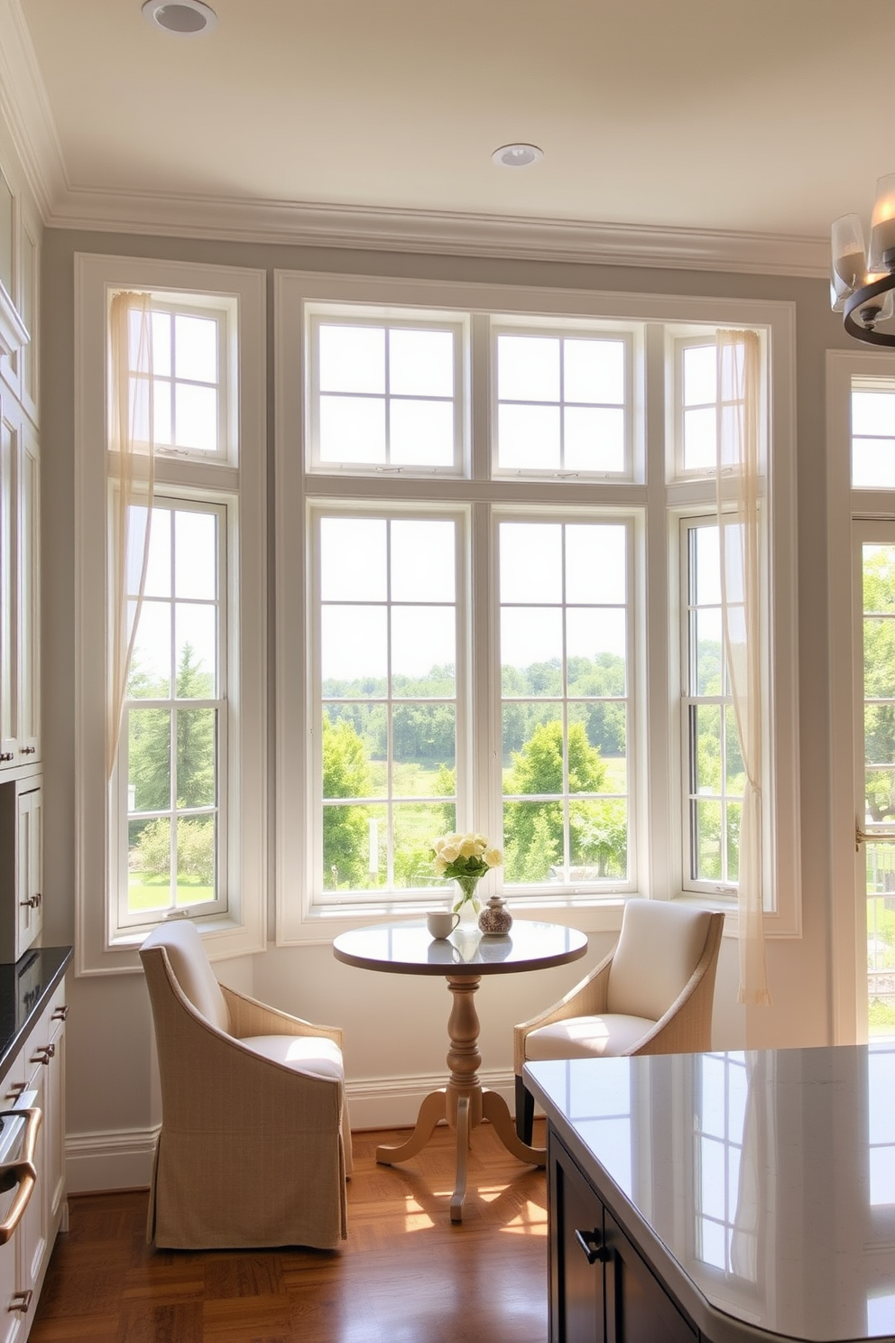 A bright and airy kitchen featuring transitional window styles that blend traditional and modern elements. The large windows allow natural light to flood the space, framed by sleek white trim and adorned with soft, sheer curtains for an elegant touch. Incorporate a combination of casement and double-hung windows to maximize ventilation and views. The design includes a cozy breakfast nook by the window, complete with a round table and upholstered chairs, creating a perfect spot for morning coffee.