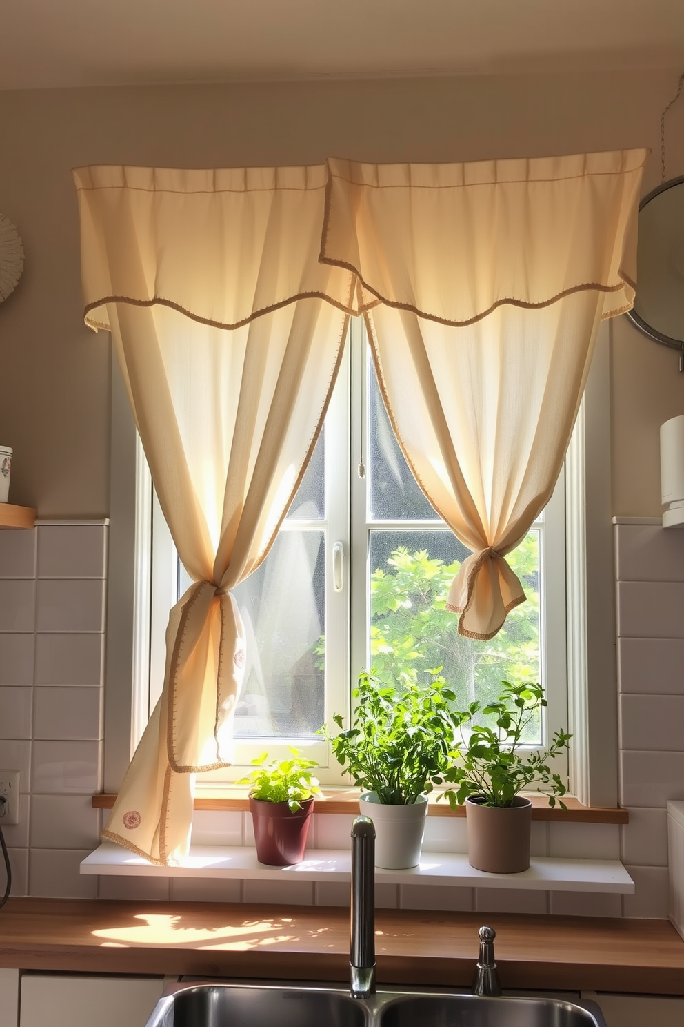 A cozy kitchen window adorned with decorative curtains that add warmth and texture. The curtains are made of a soft linen fabric in a light cream color, gently draping to the windowsill and complemented by a subtle floral pattern. Natural light streams in, highlighting the inviting atmosphere of the kitchen. The window sill is adorned with potted herbs, enhancing both the aesthetic and functionality of the space.