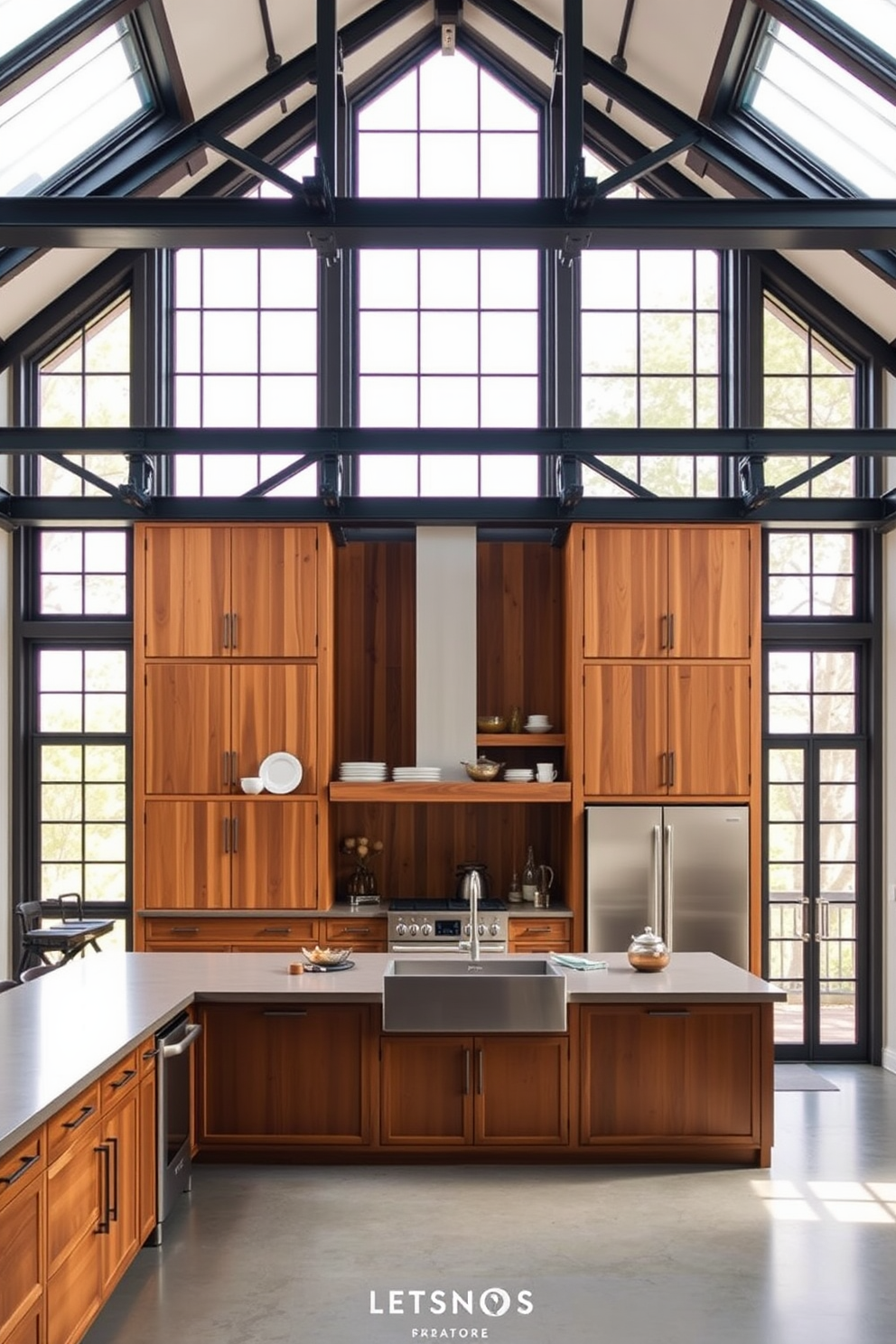 A spacious kitchen features large industrial style windows that allow natural light to flood the space. The windows are framed in black metal, providing a striking contrast against the warm wooden cabinetry. Inside, the kitchen showcases a blend of modern appliances and rustic elements. Open shelving displays artisanal dishware, while a large farmhouse sink complements the overall industrial aesthetic.