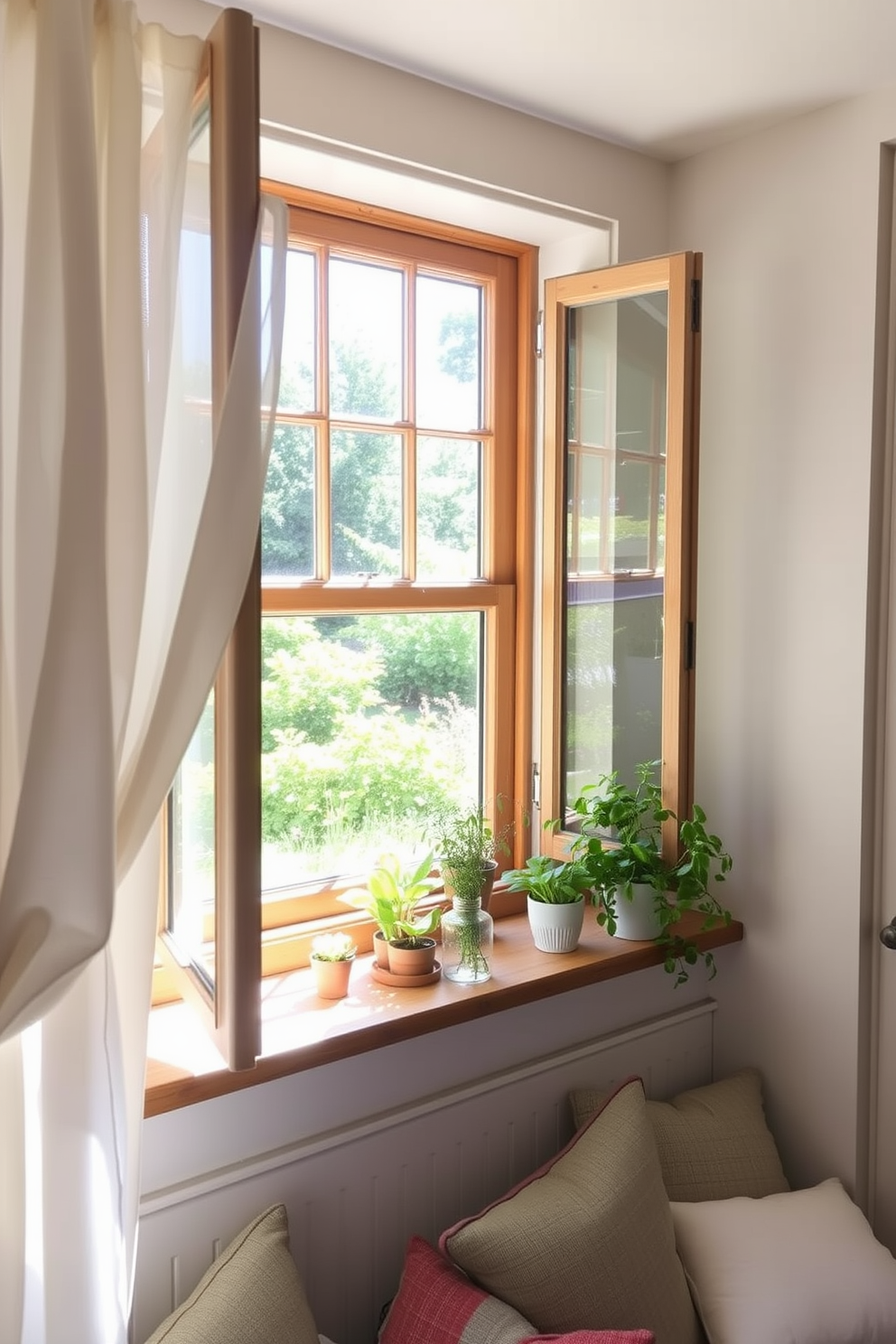 A charming kitchen window design features a garden window that extends outward, allowing ample sunlight to flood in. The window is adorned with a wooden sill where various herbs and small potted plants thrive, creating a vibrant and inviting atmosphere. Surrounding the window are soft, sheer curtains that gently filter the light while adding a touch of elegance. Below the window, a cozy seating area with cushions invites relaxation and enjoyment of the garden view.