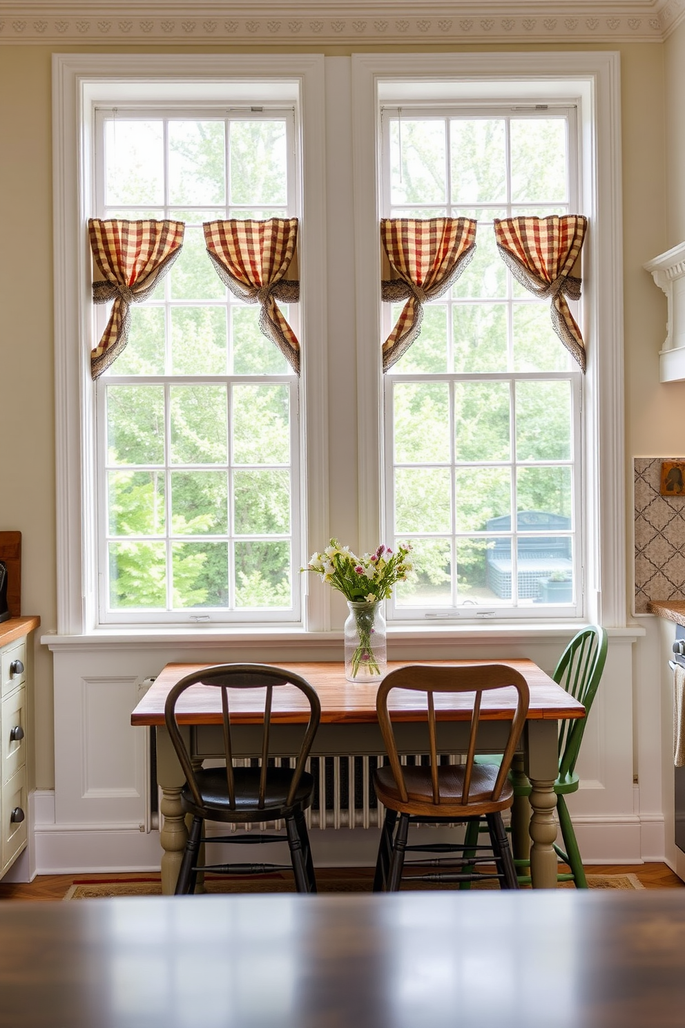 A charming kitchen setting featuring sash windows that enhance the traditional aesthetic. The windows are framed in white wood and adorned with classic curtains, allowing natural light to fill the space. The kitchen showcases a rustic wooden table paired with mismatched chairs, creating a cozy atmosphere. A vintage-inspired backsplash complements the overall design, adding character to the room.