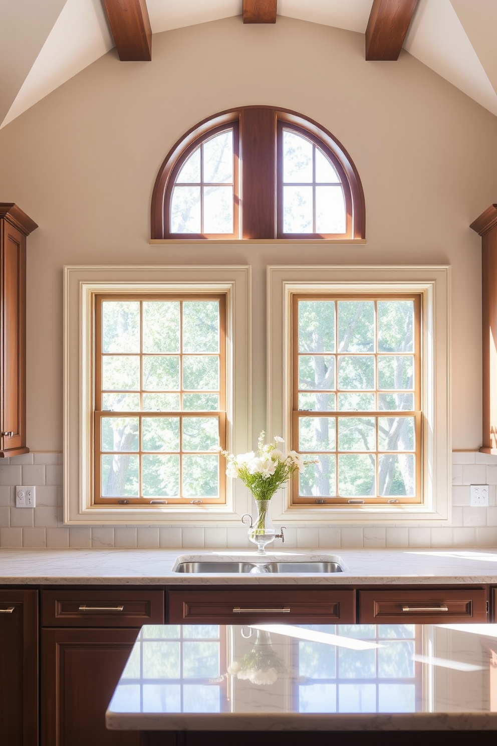 A stylish kitchen features transom windows elegantly positioned above the cabinetry, allowing natural light to flood the space. The windows are framed in a rich wood finish that complements the cabinetry, enhancing the overall aesthetic of the kitchen.