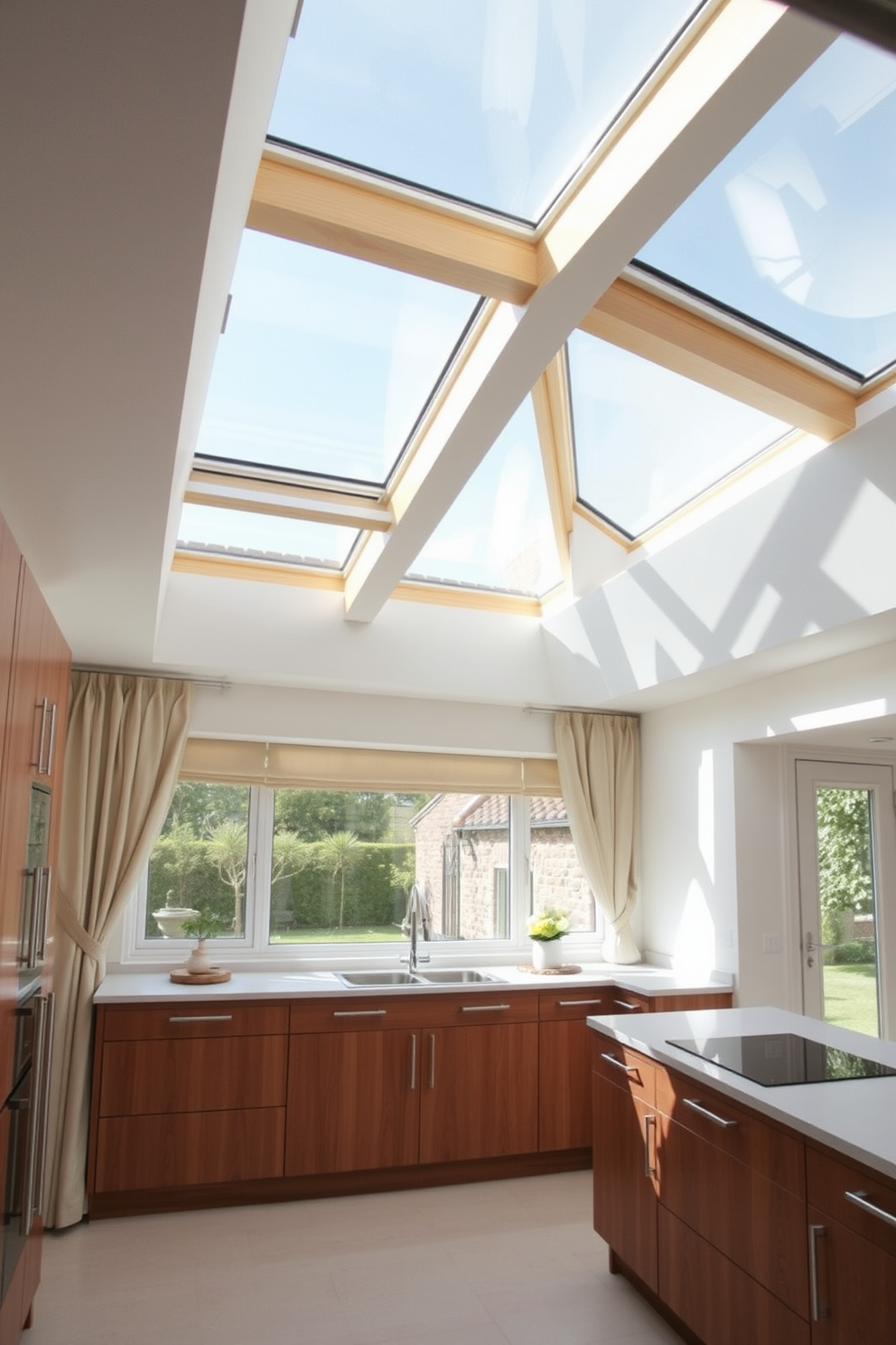 A bright and airy kitchen featuring large skylights that flood the space with natural light. The skylights are framed in wood, complementing the modern cabinetry below. The kitchen boasts a stunning window design with panoramic views of the garden outside. Elegant curtains in a soft fabric frame the window, enhancing the overall warmth of the space.