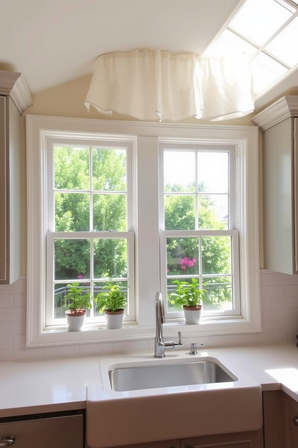 A charming kitchen with double-hung windows that allow natural light to flood the space. The windows are framed in white, complementing the soft gray cabinetry and providing a classic appeal. The window sills are adorned with potted herbs, adding a touch of greenery to the design. Light sheer curtains gently drape from the top, enhancing the inviting atmosphere of the kitchen.