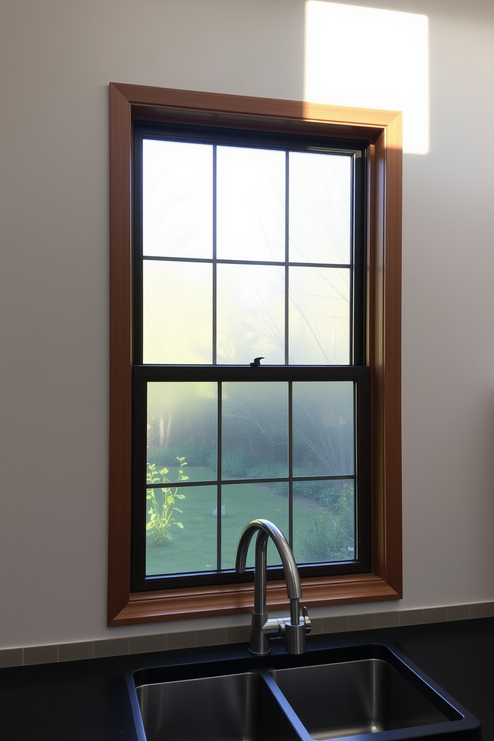 A modern kitchen window design featuring frosted glass for privacy while allowing natural light to filter through. The window is framed with sleek, minimalist wooden trim and overlooks a lush garden, creating a serene ambiance in the cooking space.