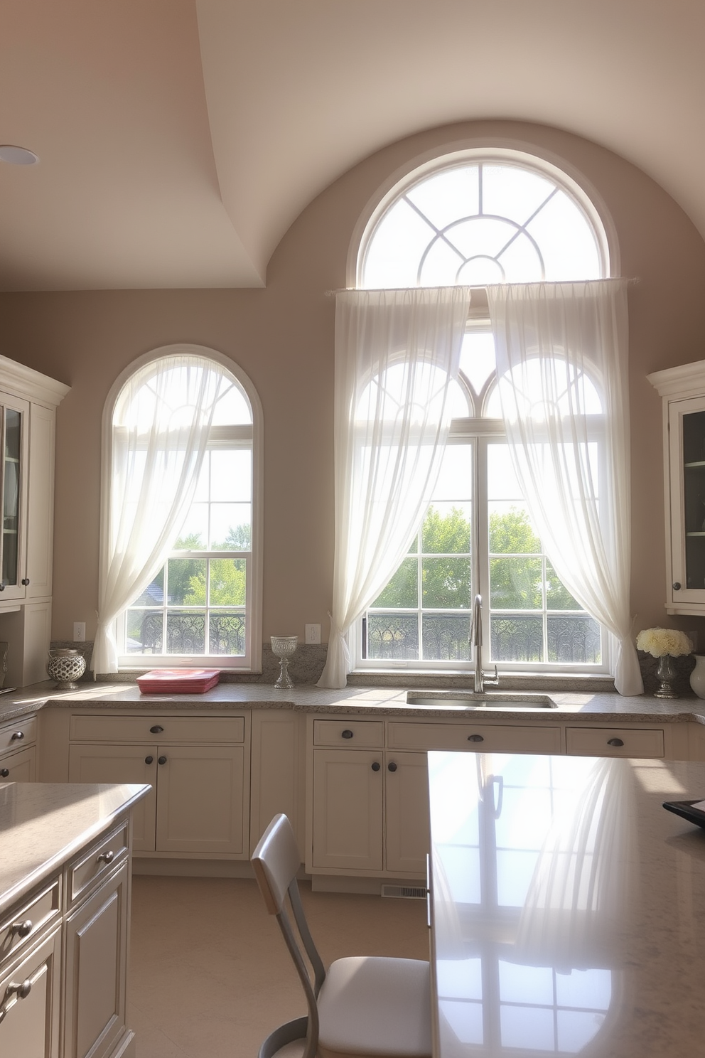 A bright and airy kitchen with garden windows designed for growing fresh herbs. The windows are framed in white, allowing natural light to flood the space, and feature small planter boxes filled with basil, thyme, and rosemary. The countertops are made of sleek granite, complementing the wooden cabinetry beneath. A cozy breakfast nook sits adjacent to the windows, with a small table and chairs perfect for enjoying morning coffee while surrounded by greenery.